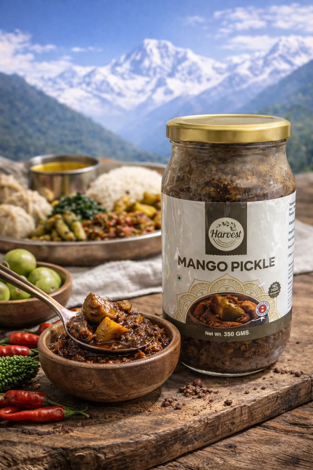 Harvest Mango Pickle 350 g jar with a bowl of mango pickle