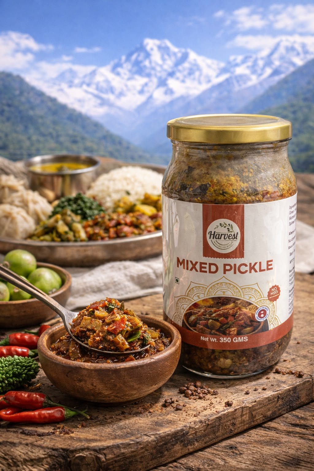Harvest Mixed Pickle 350 g jar with a bowl of mixed vegetable pickle