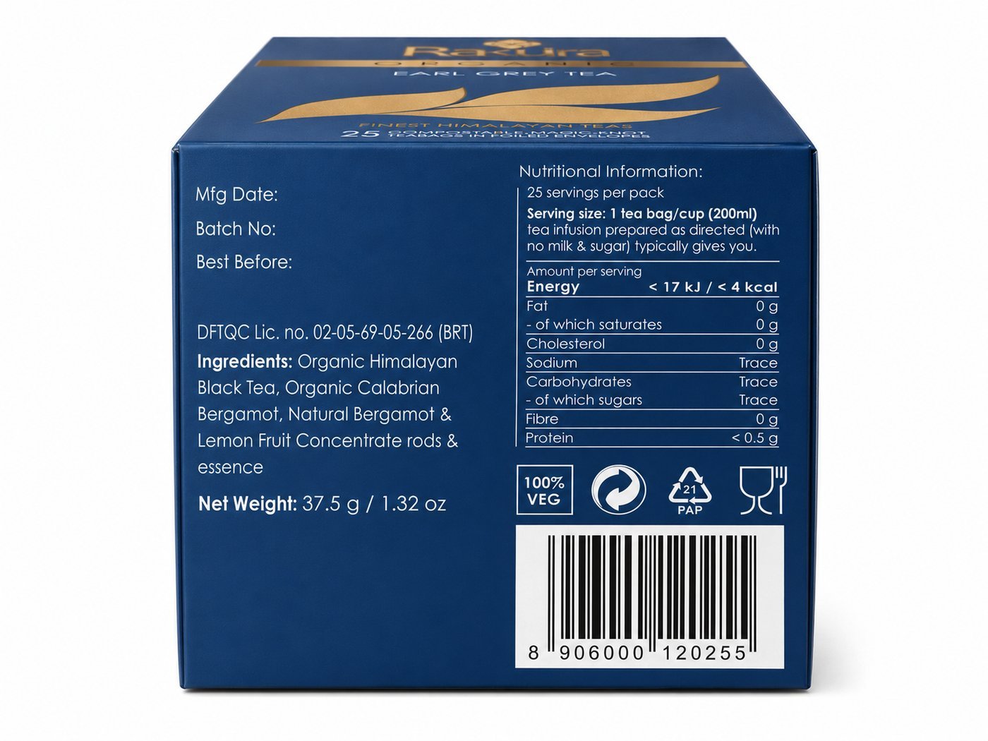 Rakura Organic Himalayan Earl Grey Tea box, back panel with ingredients and nutrition information