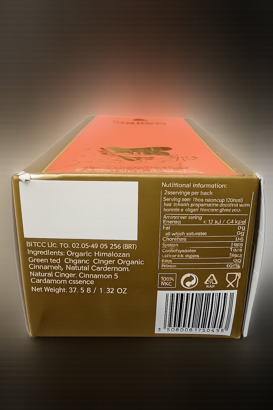 Rakura Organic Himalayan Green Tea + Cinnamon, Cardamom & Ginger box, back panel with ingredients and nutrition information