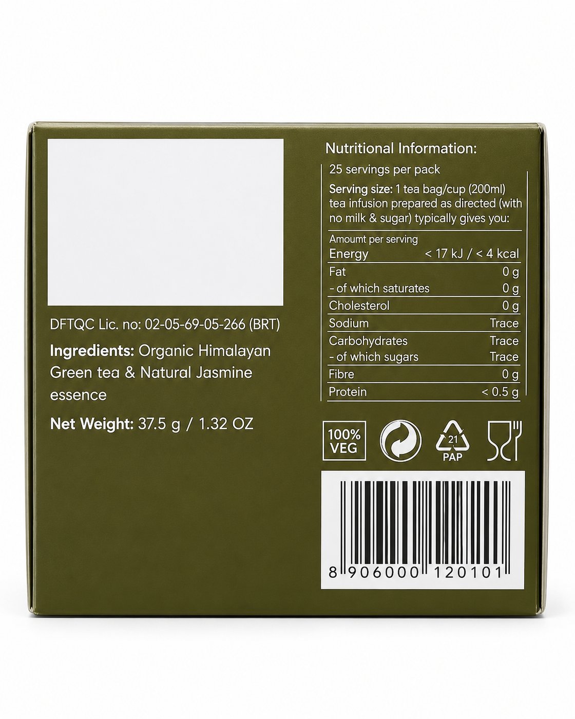 Rakura Organic Himalayan Green Tea + Jasmine box, back panel with ingredients and nutrition information