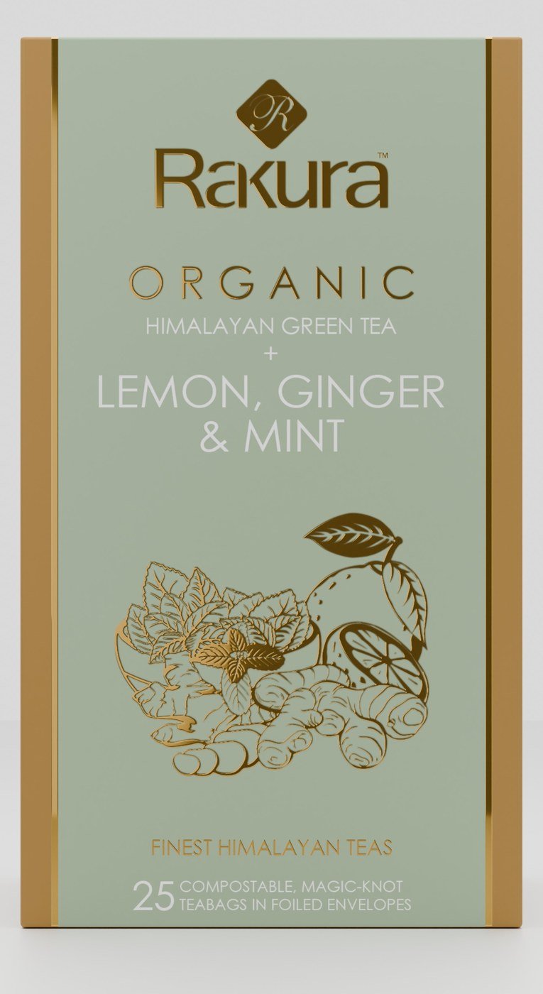 Rakura Himalayan Organic Green Tea + Natural Lemon, Ginger & Mint box