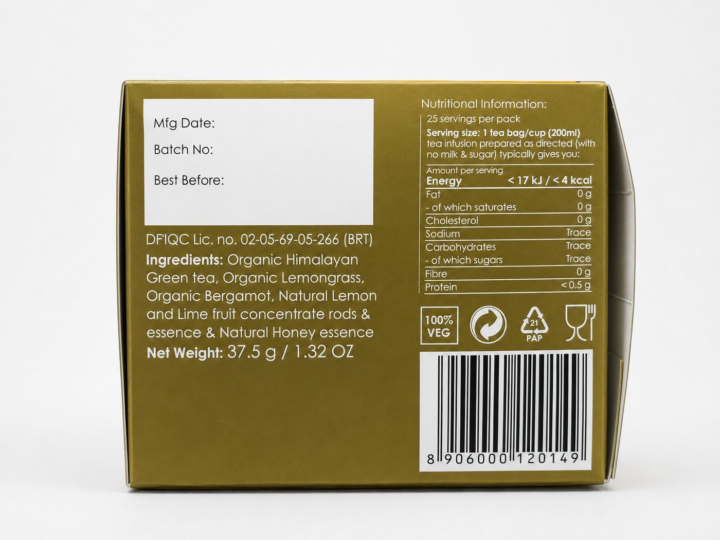Rakura Organic Himalayan Green Tea + Lemon & Honey box, back panel with ingredients and nutrition information