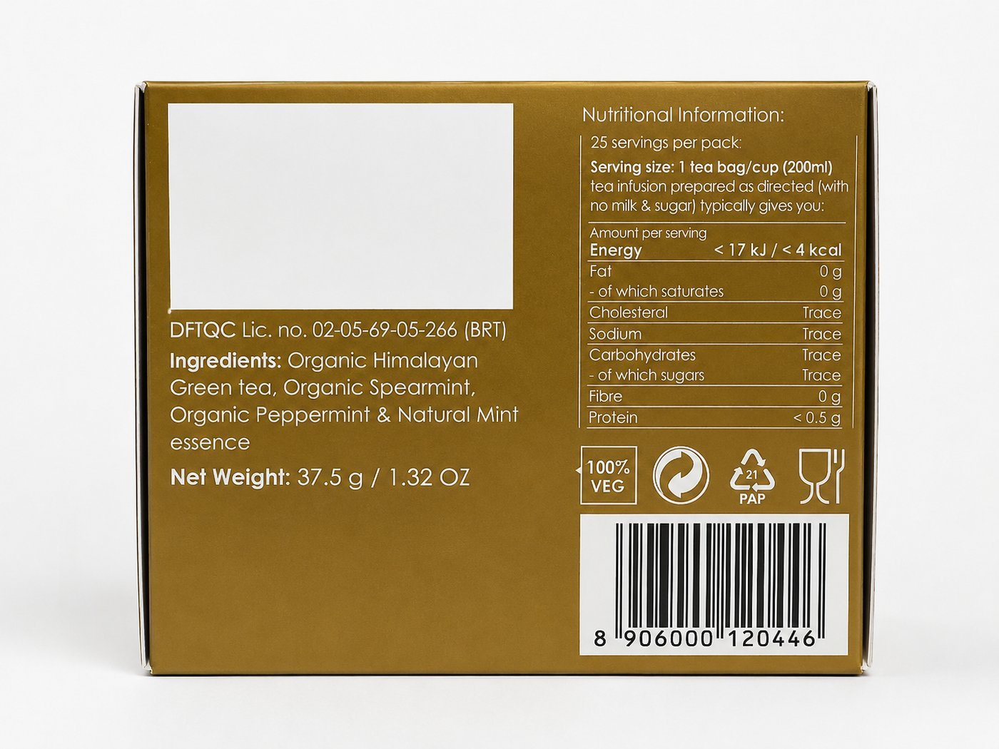 Rakura Himalayan Organic Green Tea + Peppermint box, back panel with ingredients and nutrition information
