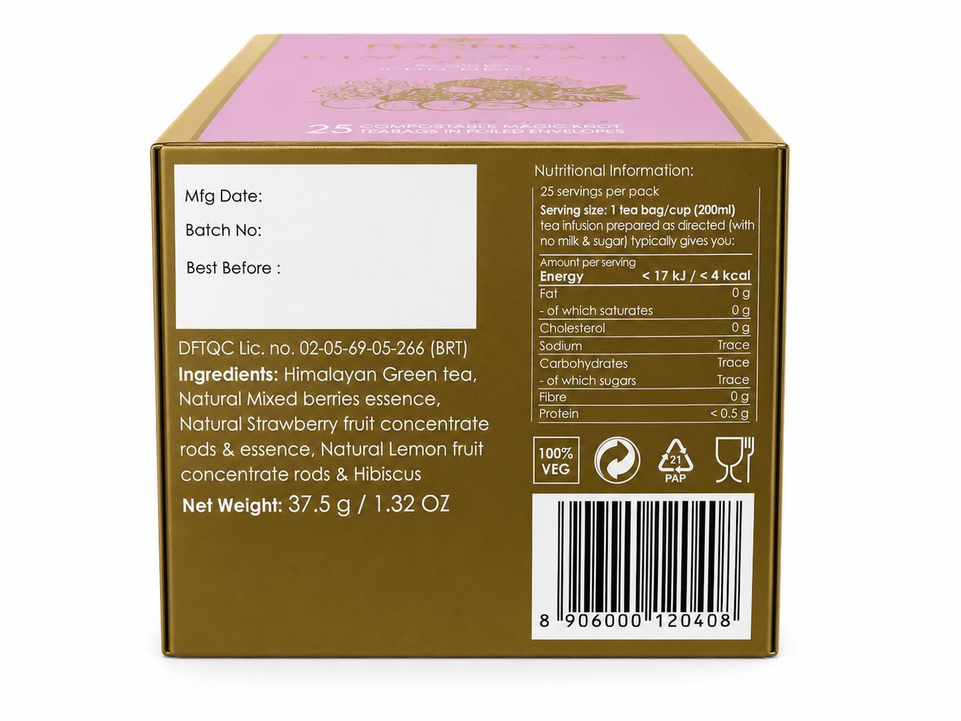 Rakura Himalayan Green Tea + Natural Super Berries box, back panel with ingredients and nutrition information