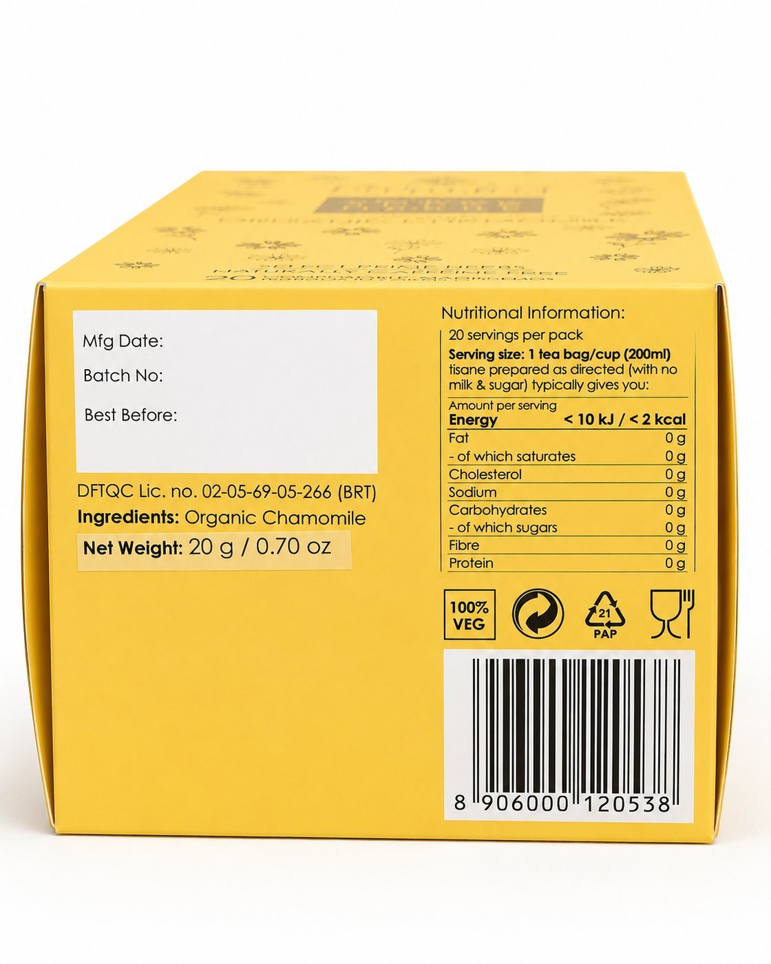 Rakura Super Herbs Organic Chamomile box, back panel with ingredients and nutrition information