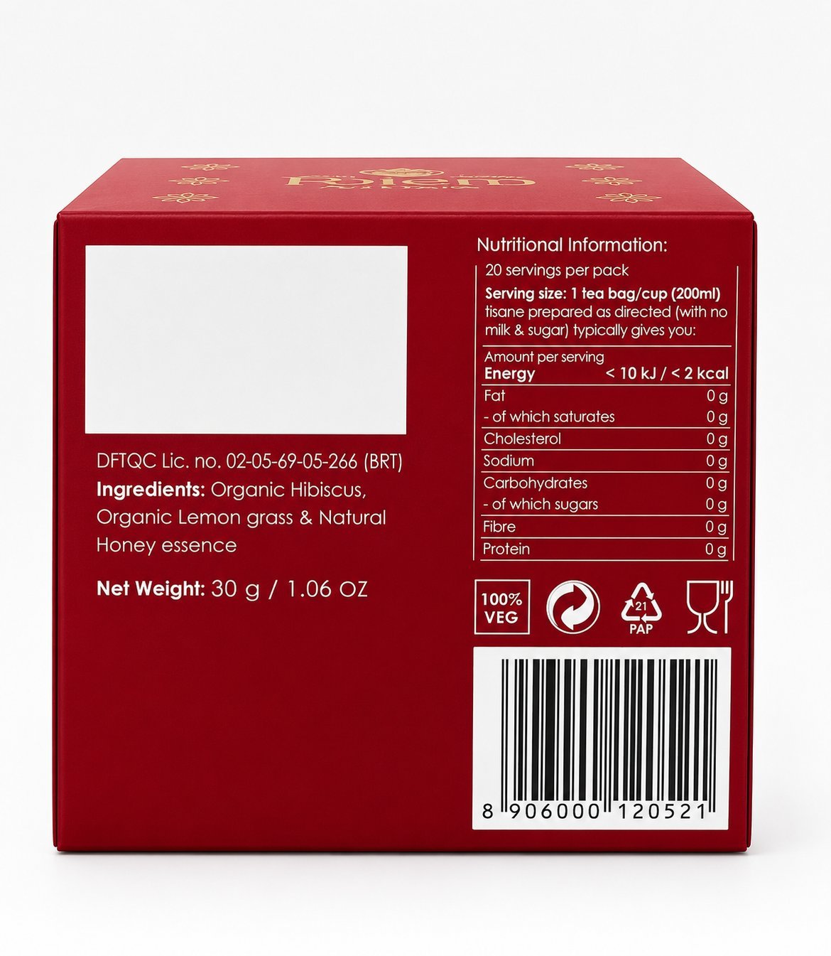 Rakura Super Herbs Blissful Organic Hibiscus box, back panel with ingredients and nutrition information