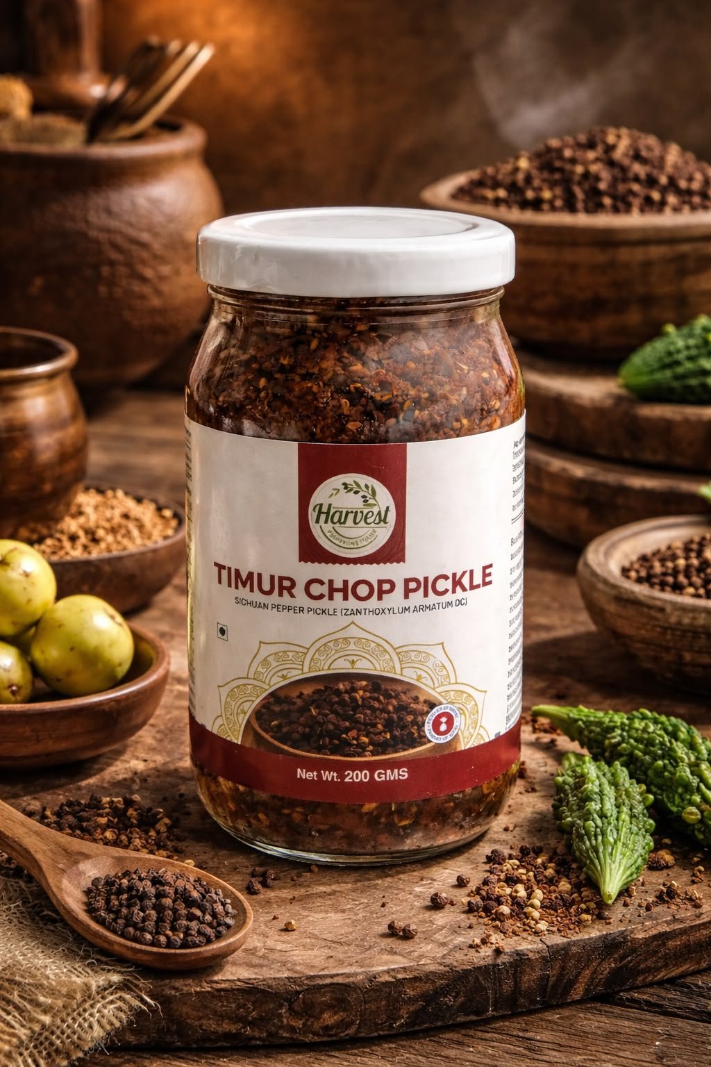 Harvest Timur Chop Pickle 200 g jar surrounded by Sichuan pepper